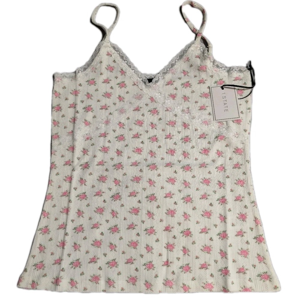 1 State Floral Lace Trim Camisole Tank Top Womens M Ivory Pink Adjustable Strap